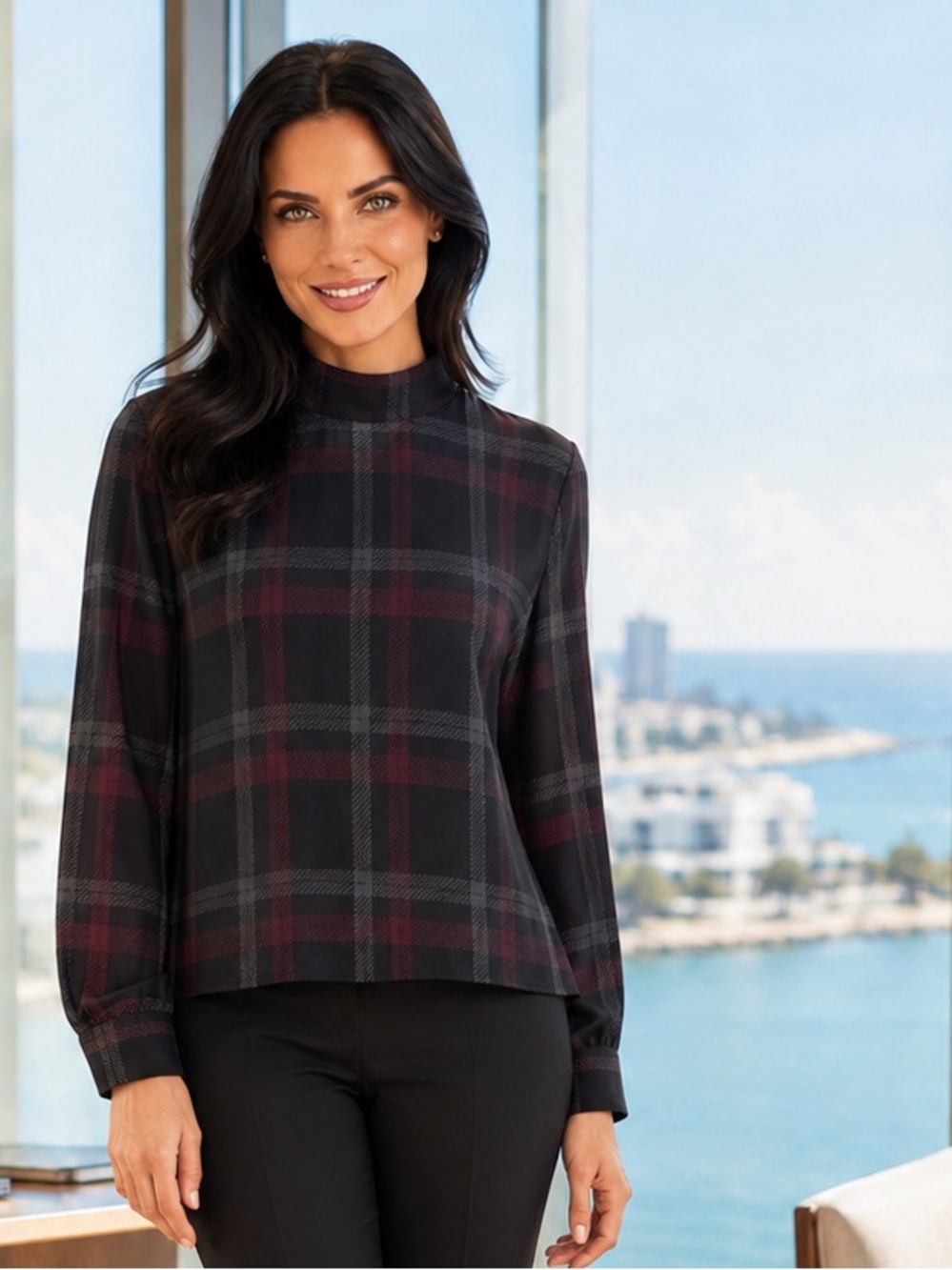 💥The Limited Black Plaid Mock-Neck Blouse with Wine Accents